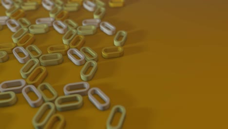 simple minimalistic 3d loopable render of rotating extruded shapes. sunny yellow ovals, links. half a frame