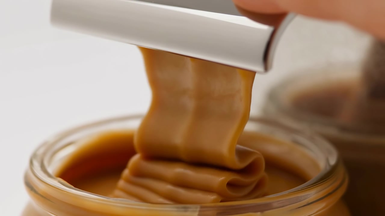 A close-up view of thick amber honey stretching from a spoon into a glass jar, with warm natural light and a soft neutral background highlighting texture