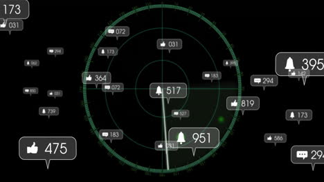 Radar screen animation with social media notifications and likes