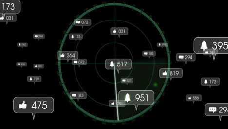 radar screen animation with social media notifications and likes