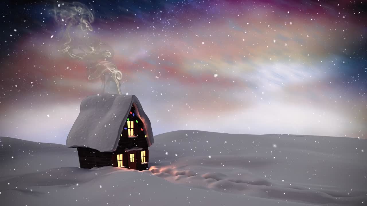 composición de video con nieve sobre paisaje de invierno por la noche