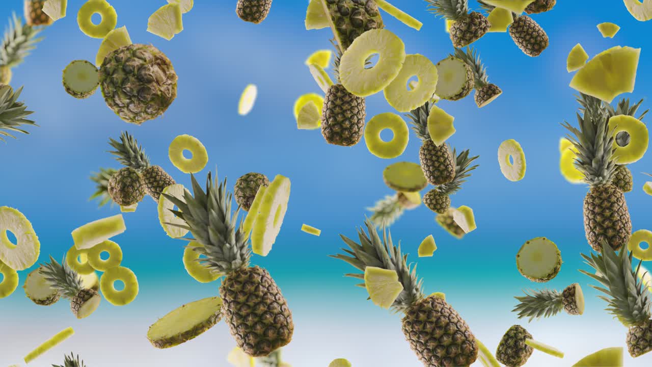 파란색 해변 배경에 떨어지는 파인애플과 슬라이스.
