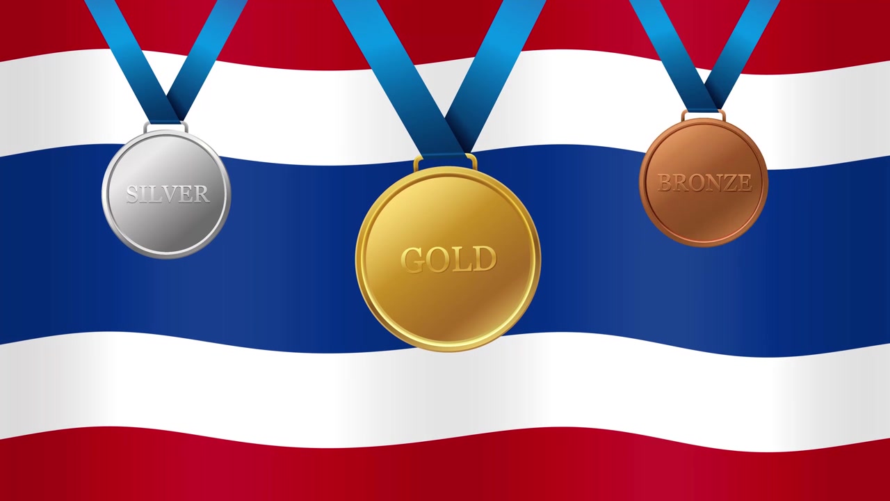 Animowana, powiewająca flaga Tajlandii ze złotymi, srebrnymi i brązowymi medalami sportowymi na niebieskich wstążkach