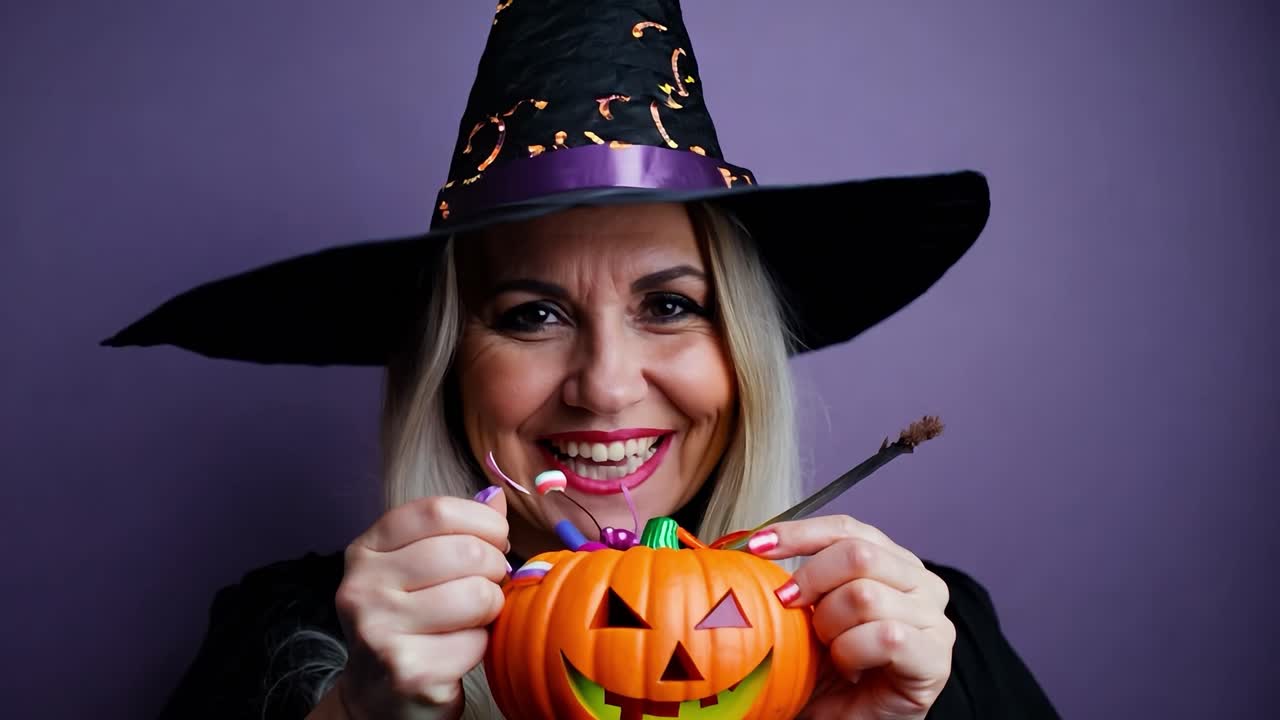 할로윈을 위해 호박에 사탕을 가진 미소 짓는 마녀