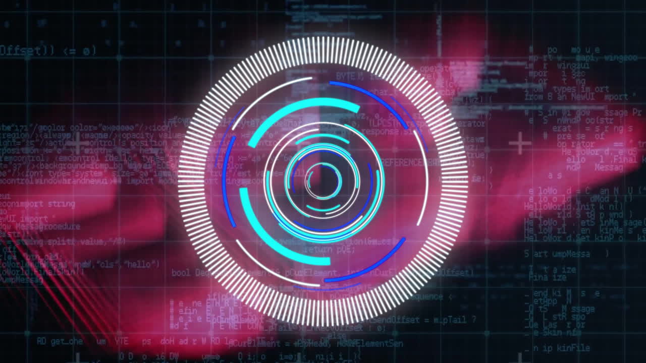 animación de escáner circular y procesamiento de datos sobre luces rosadas sobre fondo oscuro