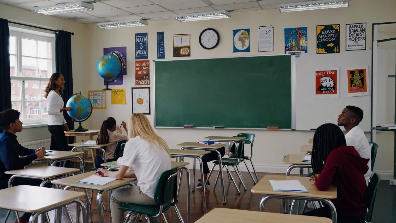 Classroom video scene with students and teacher, wide-angle shot