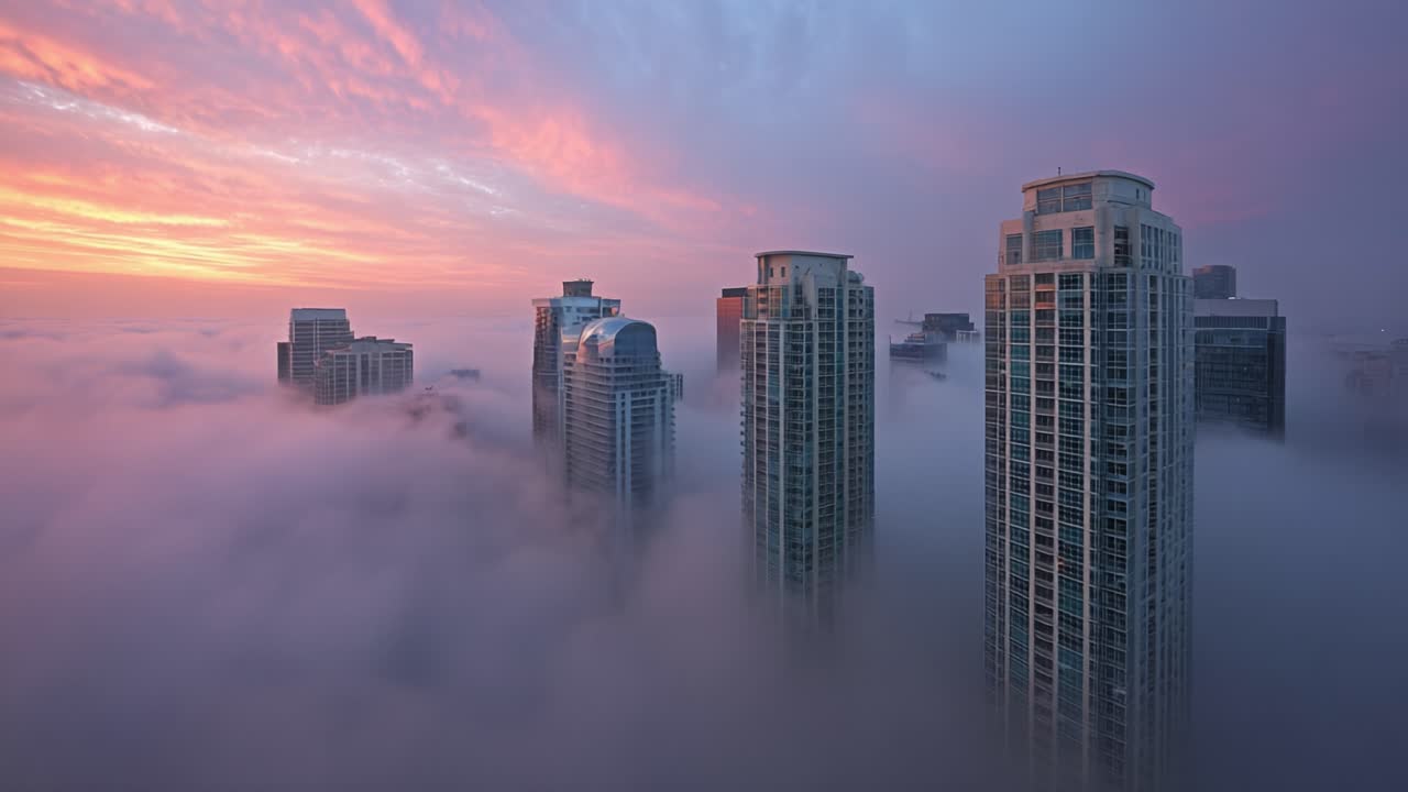 A Mesmerizing Dawn Breaks Over Skyscrapers Enveloped in a Stunning Layer of Fog, Creating a Dreamlike Atmosphere in an Urban Landscape