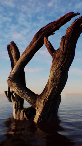 driftwood in calm water at sunset