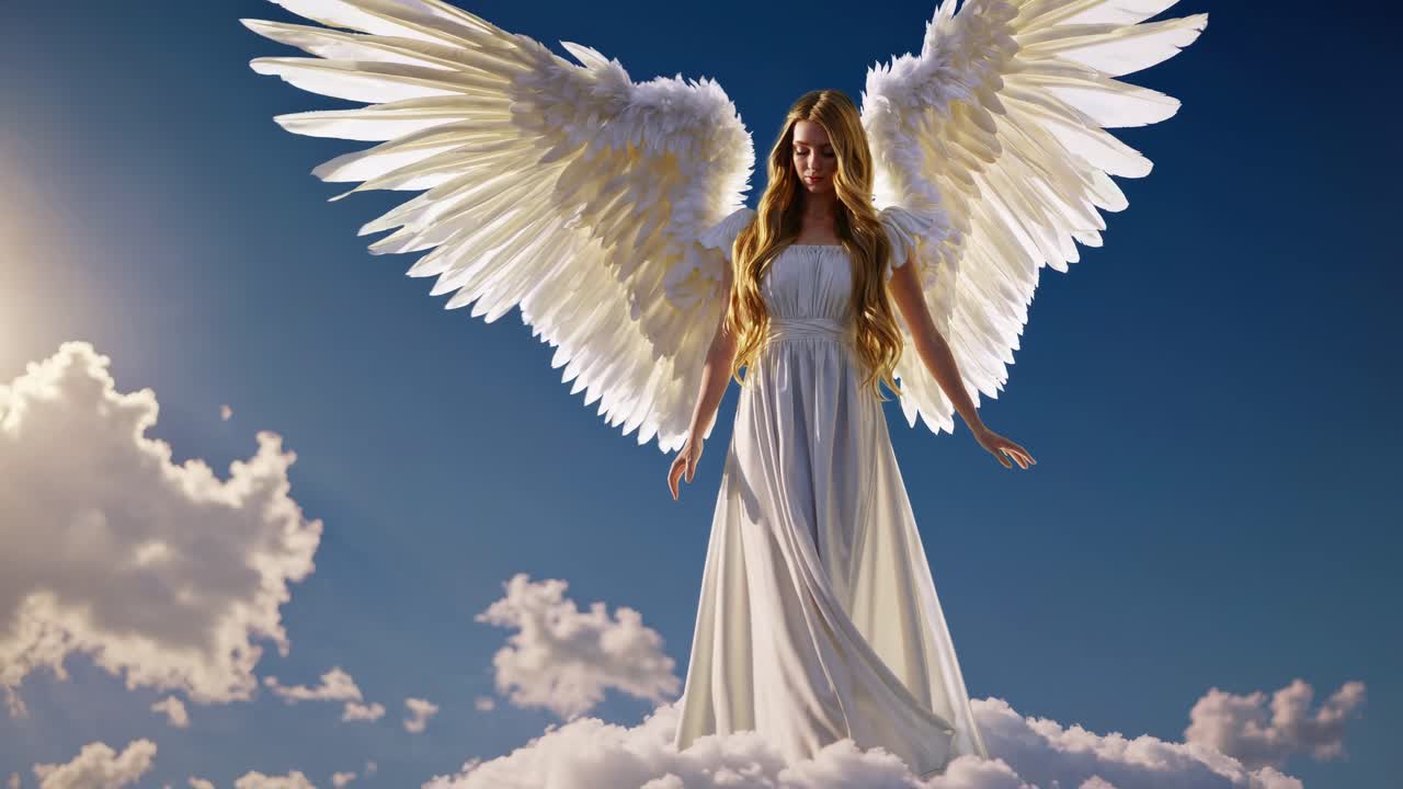 Angel with Wings Standing on Clouds