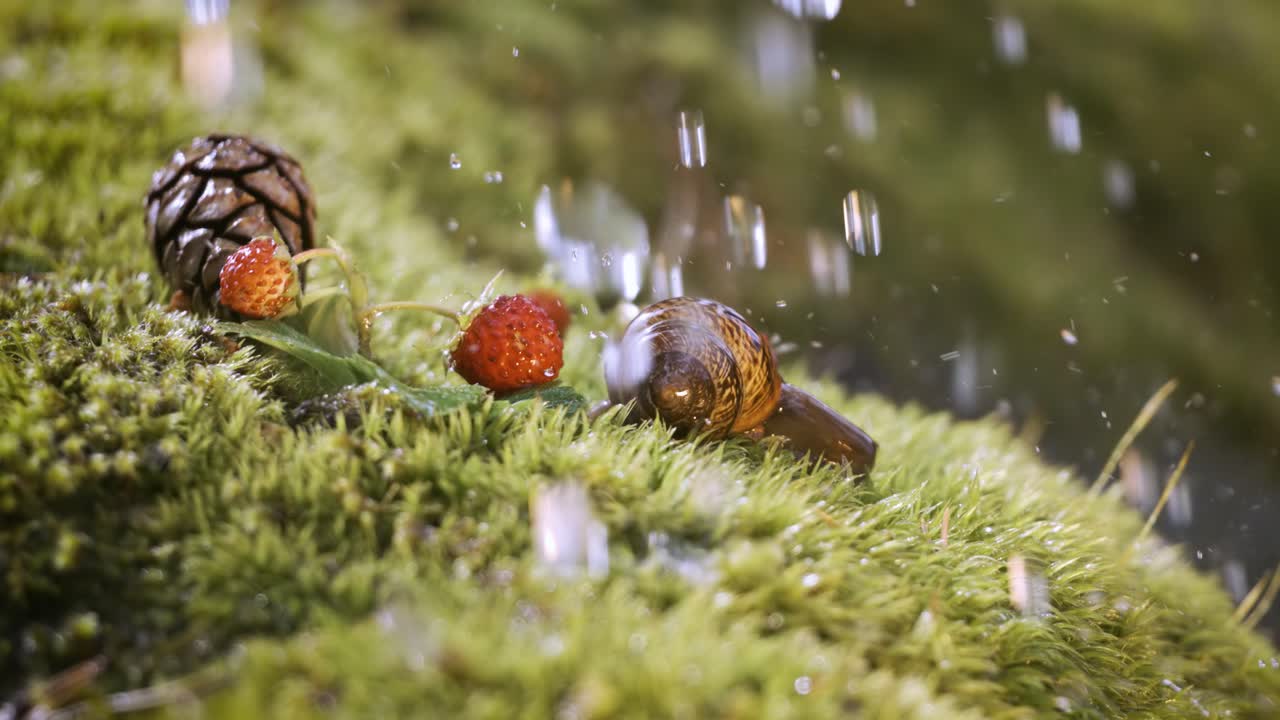 Close-up wildlife of a and wild strawberries and snail in heavy rain in the forest. Shot on super slow motion camera 1000 fps.