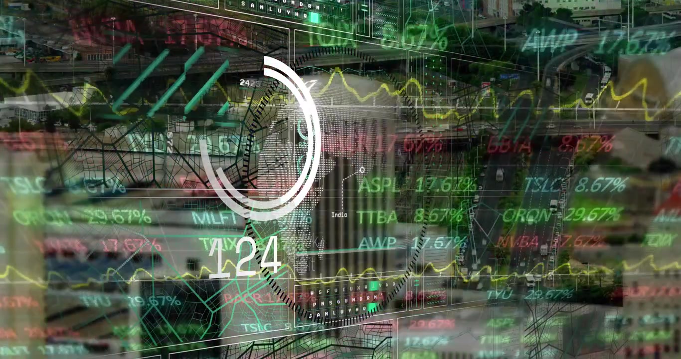 Animazione di un'interfaccia e elaborazione di dati di borsa sopra un globo, su uno sfondo di vista aerea di un paesaggio urbano.