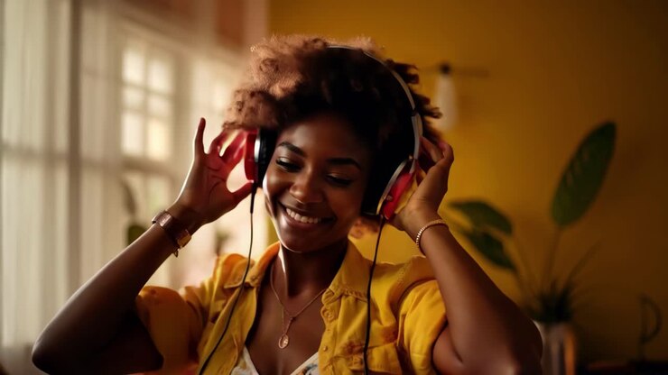 Una gioiosa donna afroamericana ascolta musica con le cuffie in una stanza illuminata.