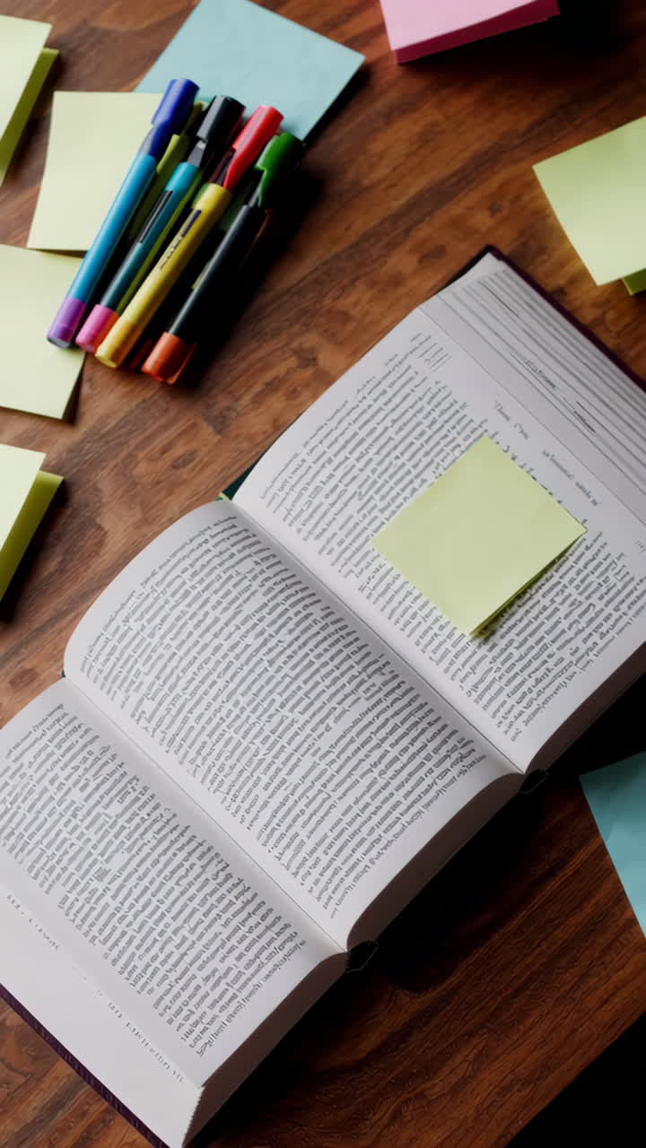 Open Book with Sticky Notes and Pens on a Wooden Table