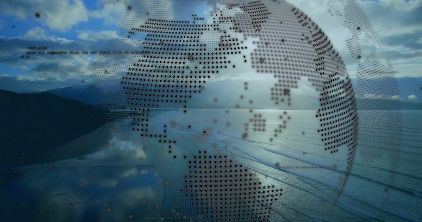Drone pan starting dotted globe turning over coast, dots floating, HUD grids showing lands for maps