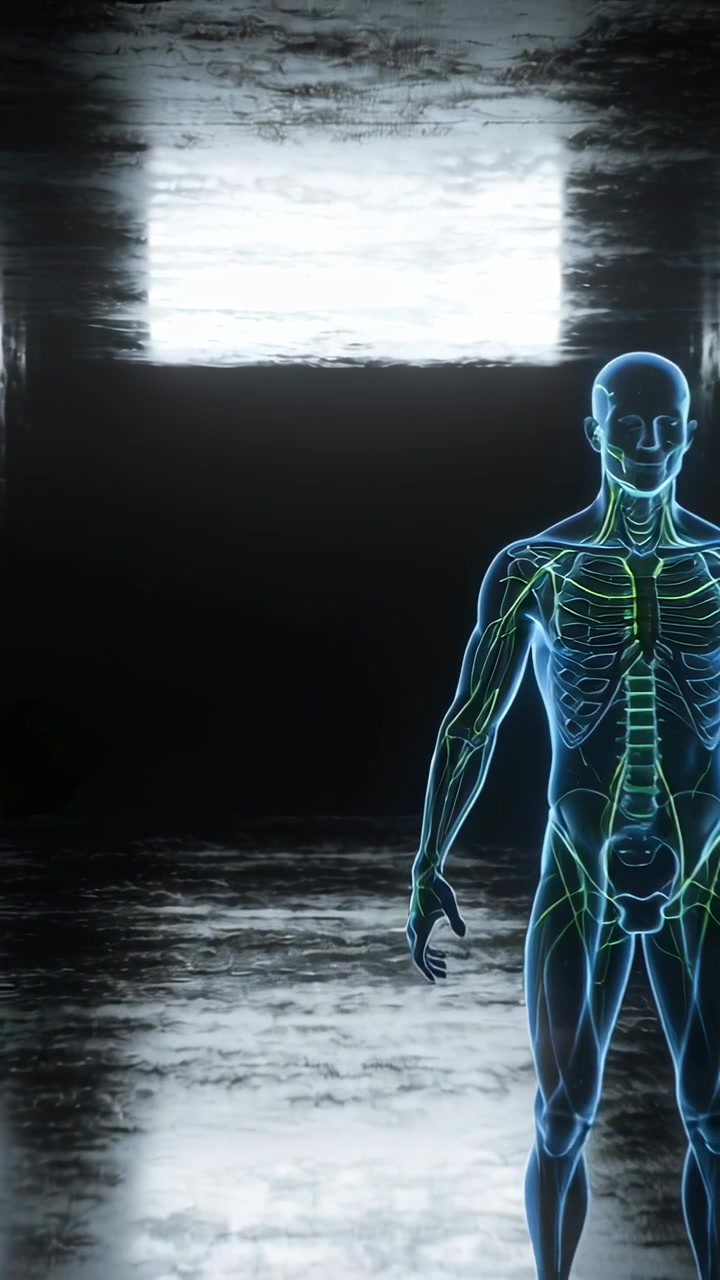 Vertical video: Lighting light revealing 3D right leg in studio for study, neon nerves, copy space