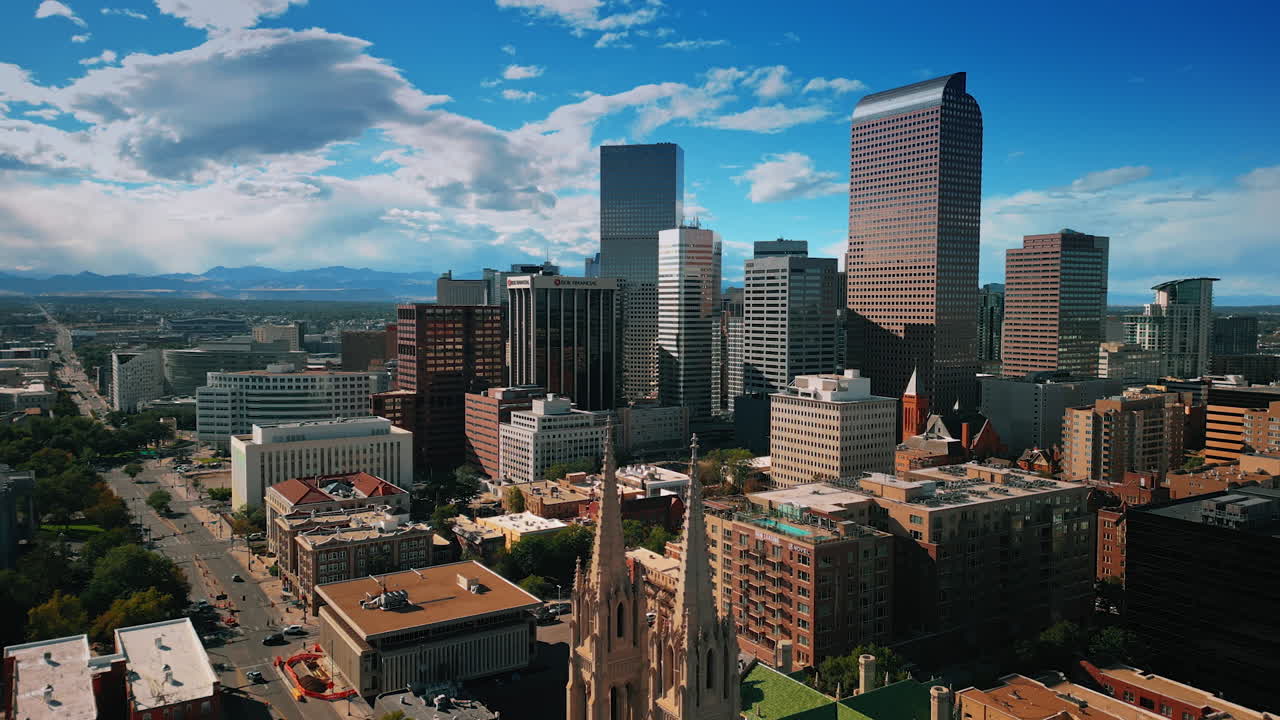 Denver, USA, 24 August 2025: Scenic view on the cityscape of Denver, Colorado, USA. The Cathedral Basilica of the Immaculate Conception in the center. Aerial perspective