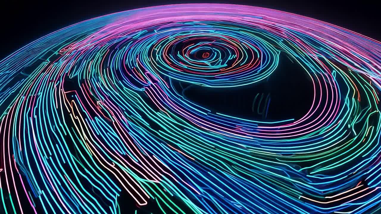 Neon lines create a swirling hurricane above a dark globe, illustrating the dynamic forces of weather and climate