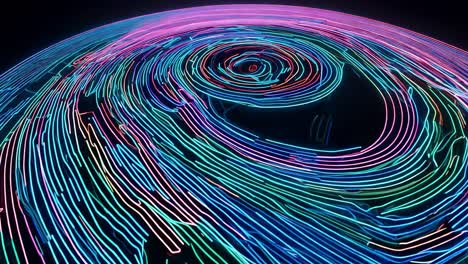 neon lines create a swirling hurricane above a dark globe, illustrating the dynamic forces of weather and climate