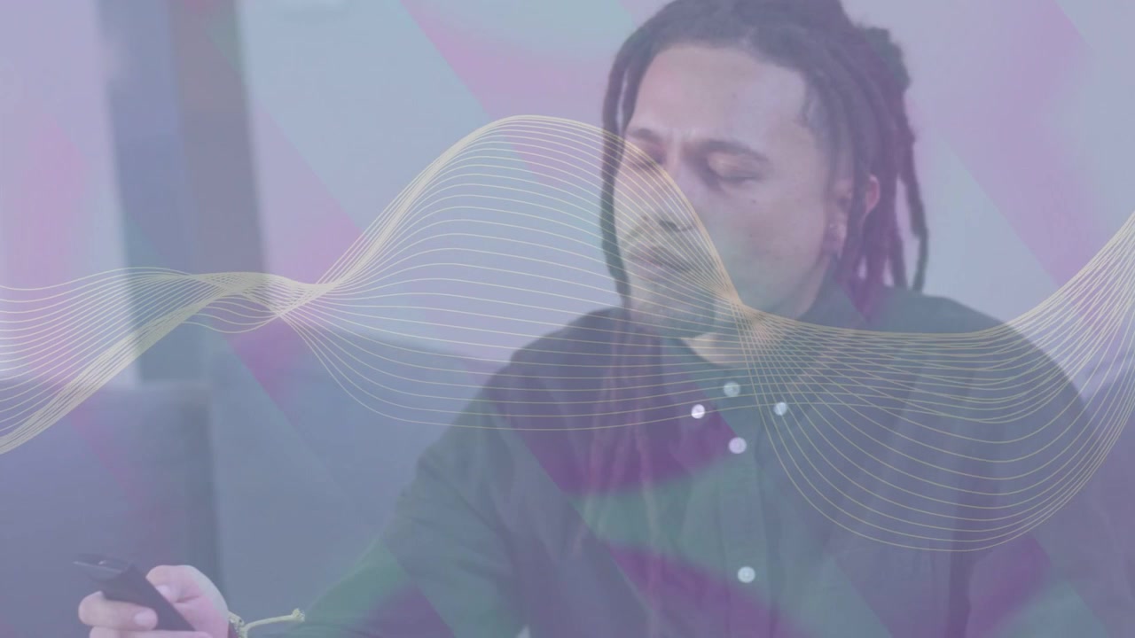 Man reacting to offscreen cue, reaching handheld, chewing tablet as colorful wave overlaying health