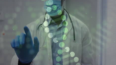 animation of dna strands over biracial male doctor with face masks