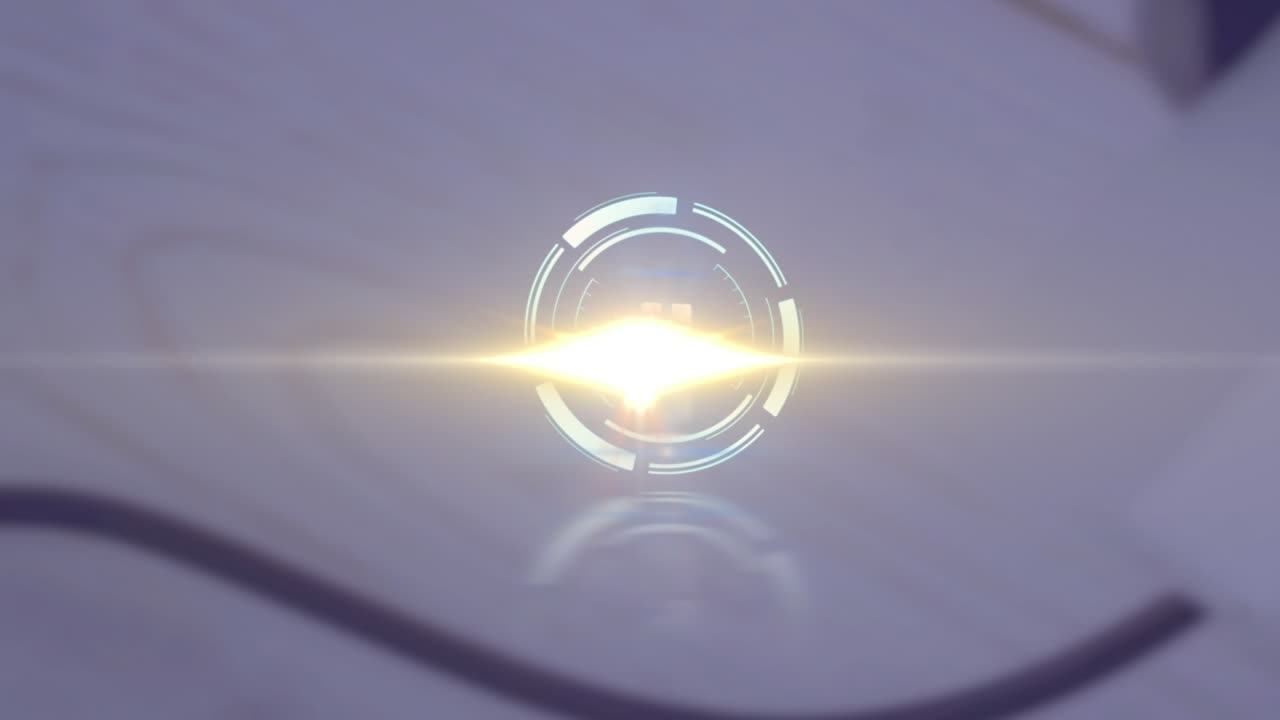 Animation of rotating scope scanning with countdown over light trail on blurred background