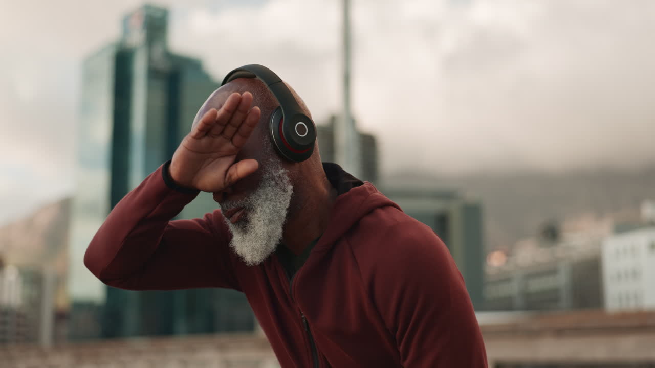 Training, music and mature man tired