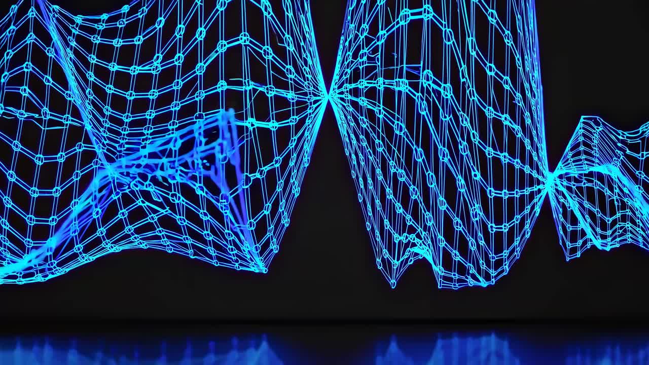 Dynamic 3D waveform in neon blue, captured from a low-angle perspective, resembling a digital audio