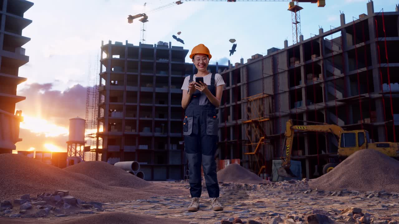 cuerpo lleno de trabajadora asiática que usa gafas de protección y casco de seguridad sonriendo y señalando el teléfono inteligente en su mano mientras está de pie en el sitio de construcción