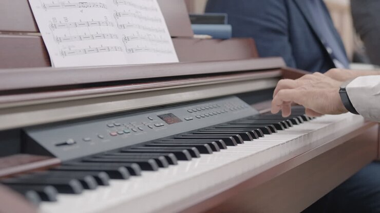 Lähikuva henkilöstä soittamassa pianoa