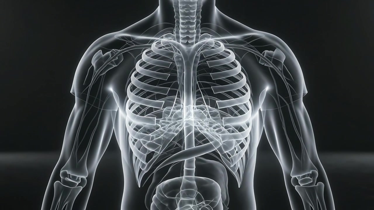 Zooming camera revealing male anatomy model in dark studio, showing glowing skeleton for education