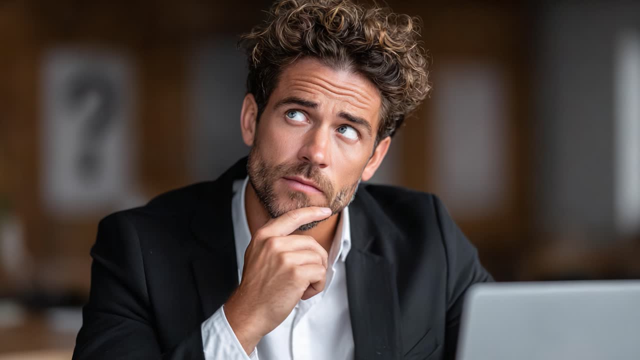 Thoughtful Man in Business Attire Reflects on Important Decisions While Sitting at a Desk with a Laptop, Evoking Contemplative and Serious Moods in the Workplace Environment