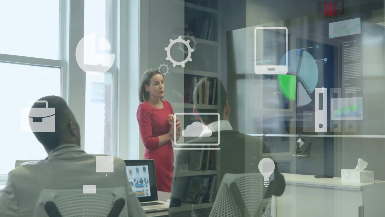 animación del procesamiento de datos financieros sobre diversas personas de negocios en la oficina