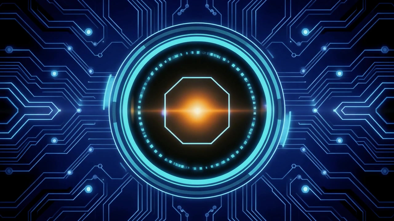 Circuito stampato digitale futuristico con nucleo centrale luminoso e interfaccia rotante