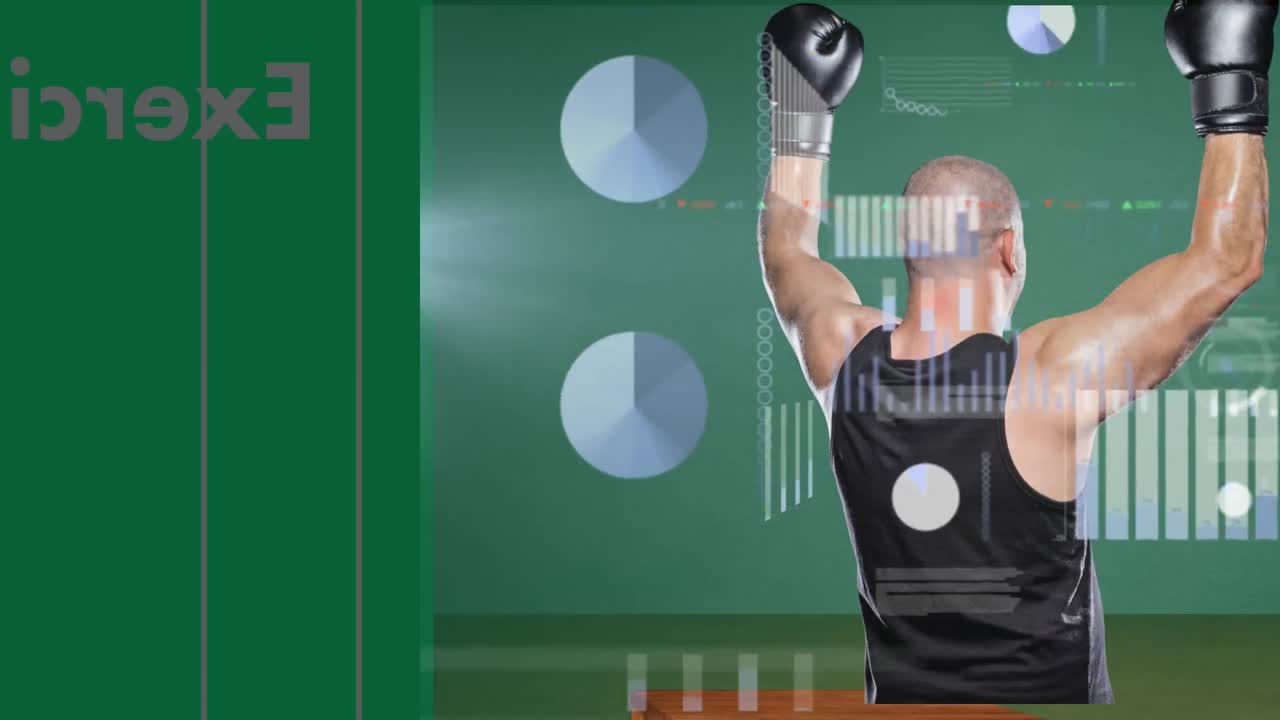 animación del procesamiento de datos sobre un boxeador caucásico en fondo verde.