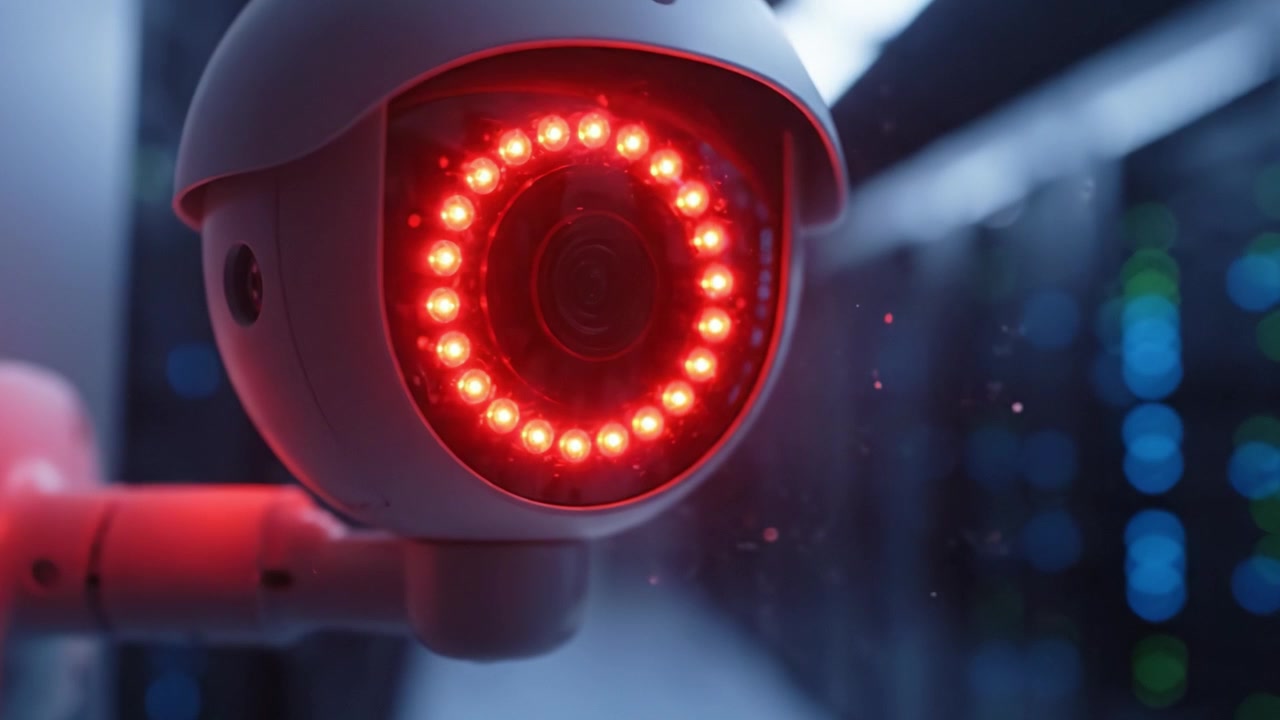 An Ultra-Modern Surveillance Camera with Illuminated LED Features Monitoring a High-Tech Data Center Environment