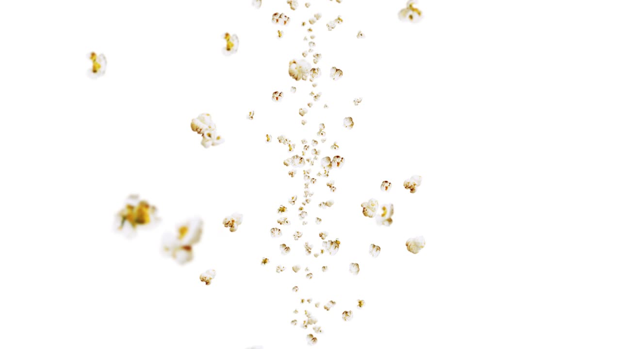 색 배경에 많은 팝콘을 날리는 색 소금 팝콘 건강한 음식 옥수수 씨 팝콘 회전의 3d 루프 애니메이션