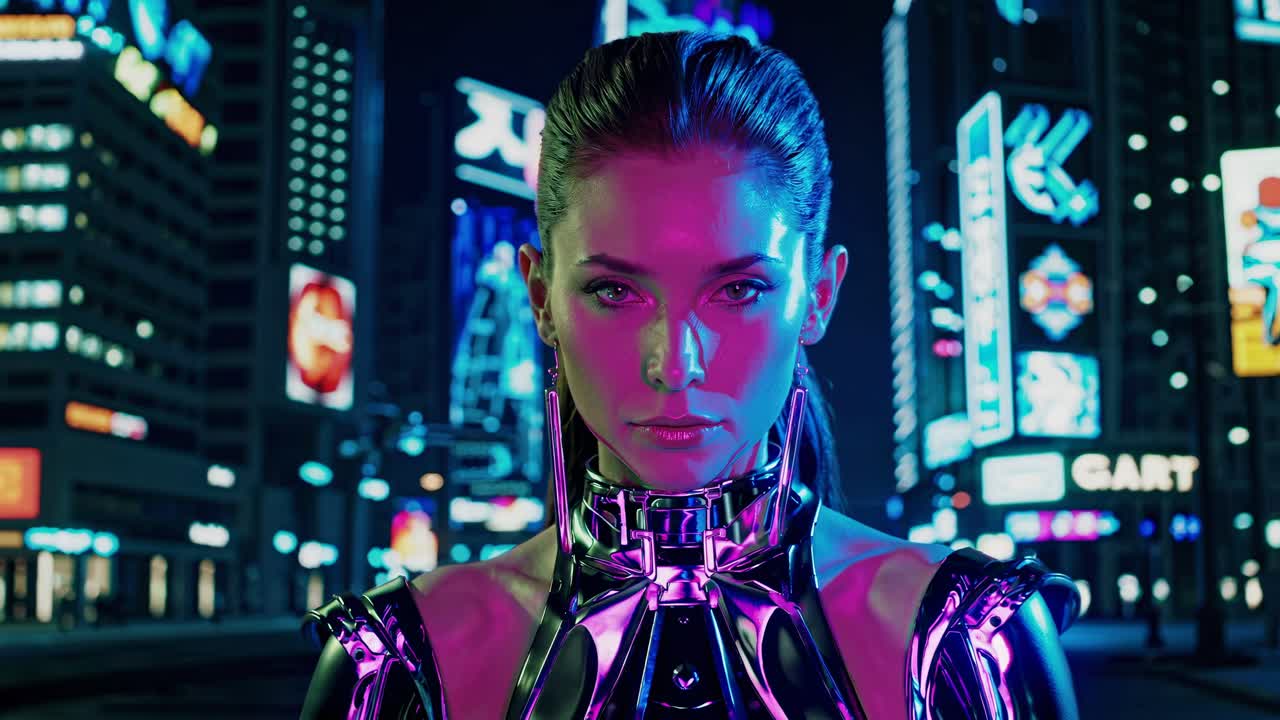 retrato de una mujer cyberpunk en la ciudad del neón