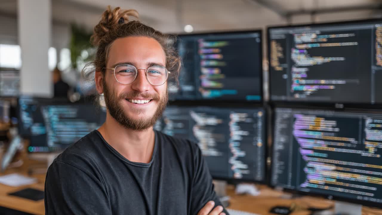 A Confident Male Programmer Smiling in Front of Multiple Computer Screens Displaying Colorful Code in a Modern Office Environment