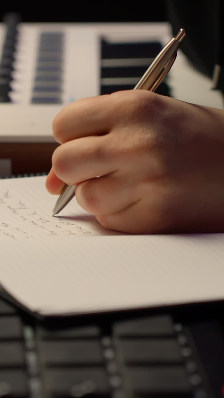 Hand Writing Song Lyrics with Pen on Paper in Studio, Vertical View