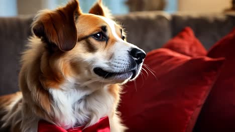 a dog wearing a red bow tie sitting on a couch