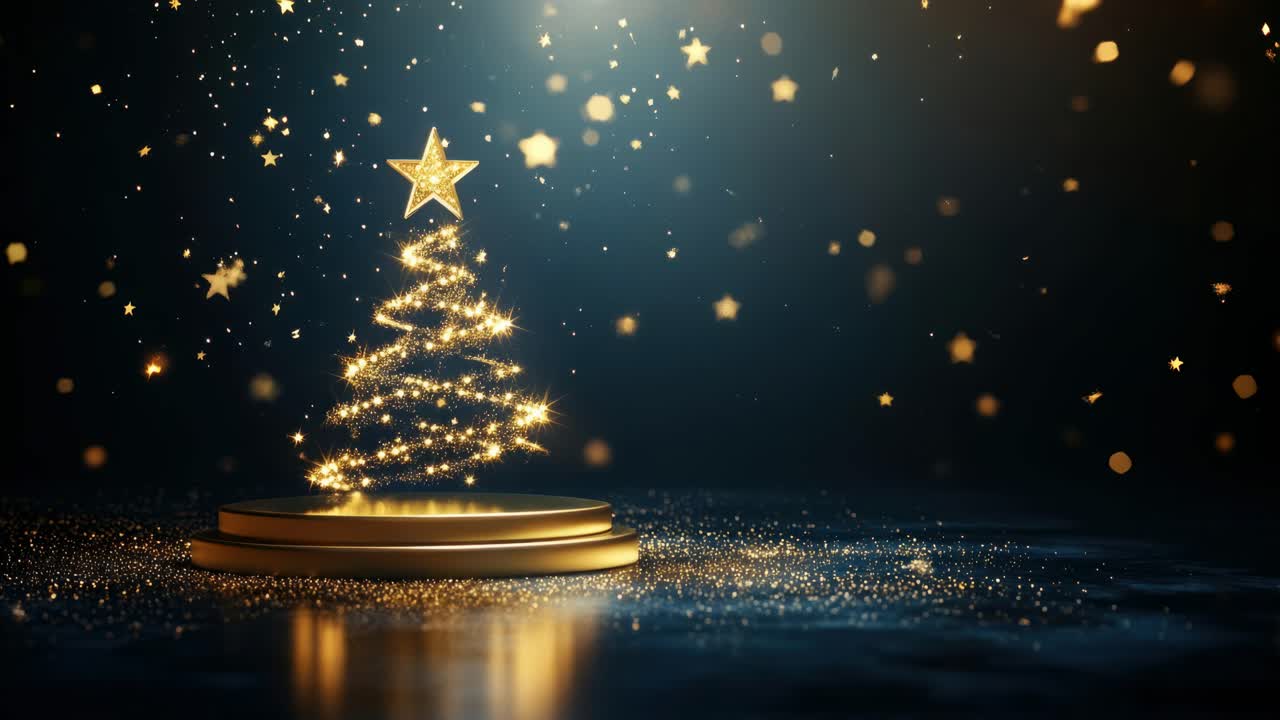 Concetto di video festivo con una vista dal basso di un albero di Natale illuminato su un palco