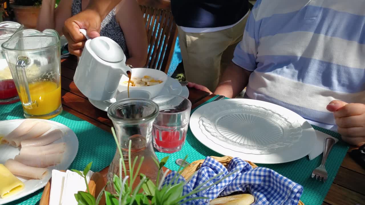 Summer healthy diet breakfast. Serving coffee family outdoor. Tasty vacation concept