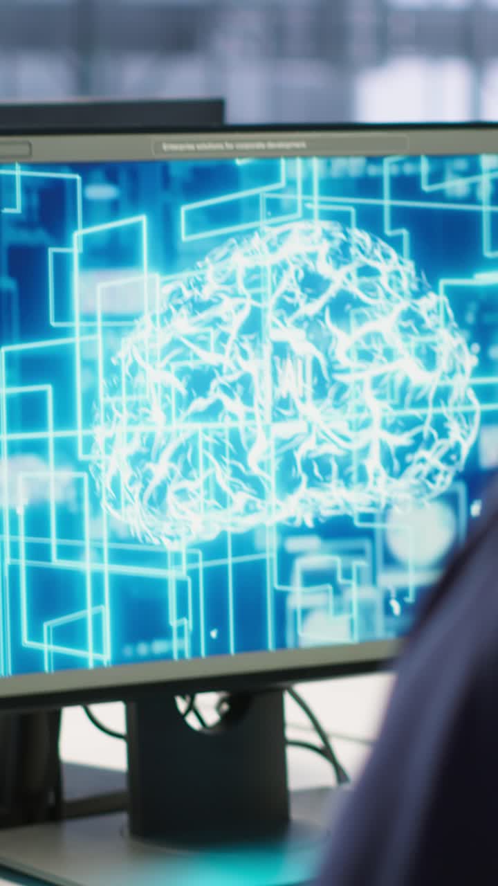 Vertical video Machine learning expert in AI server room developing disaster recovery plans