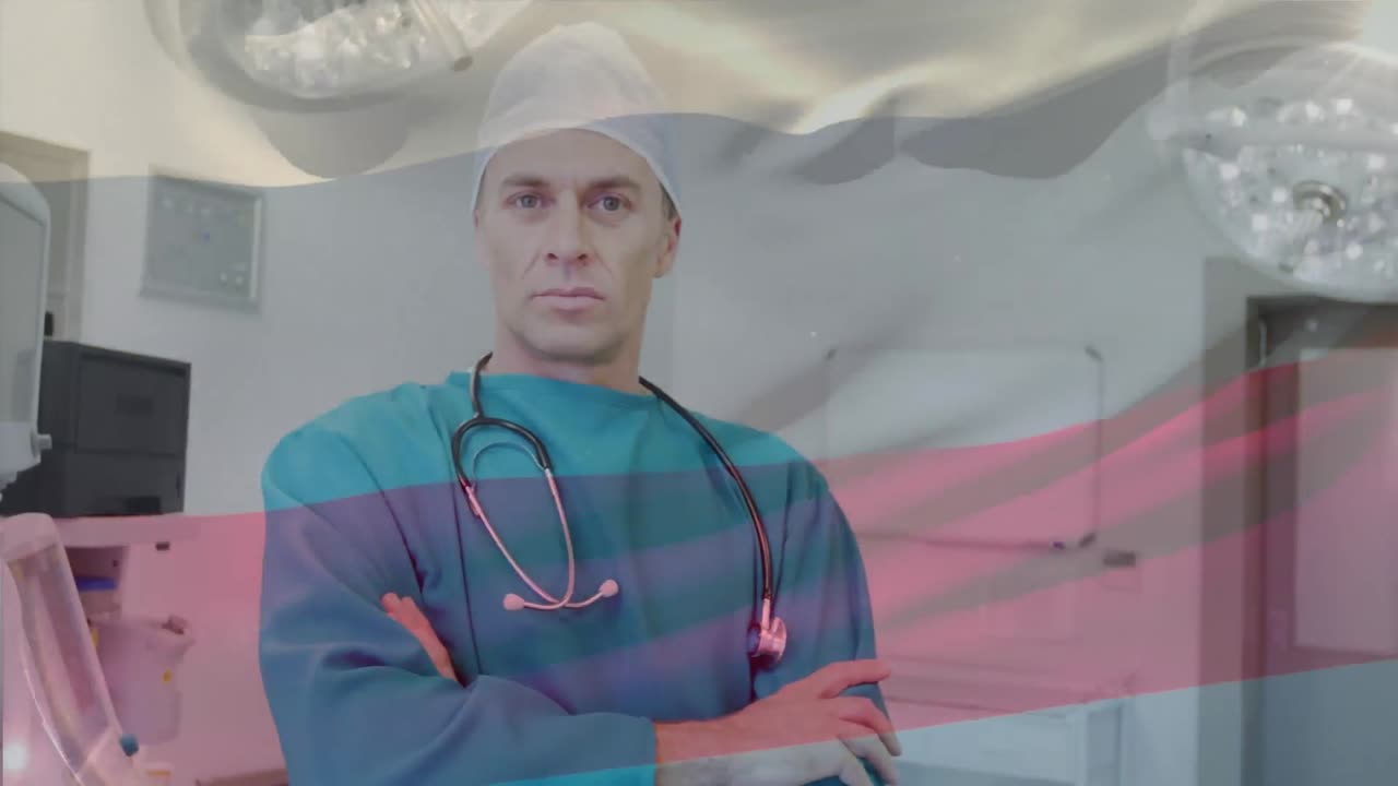 animación de la bandera de rusia ondeando sobre el cirujano en el quirófano
