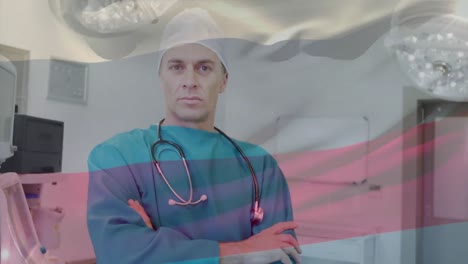 Animation-Der-Flagge-Russlands,-Die-über-Dem-Chirurgen-Im-Operationssaal-Weht