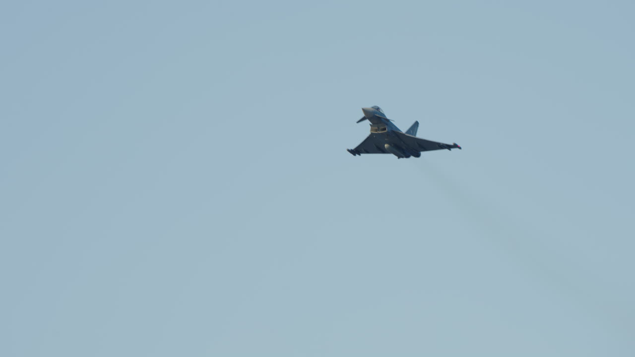 Eurofighter Typhoon Jet Flying and Turning in Clear Blue Sky