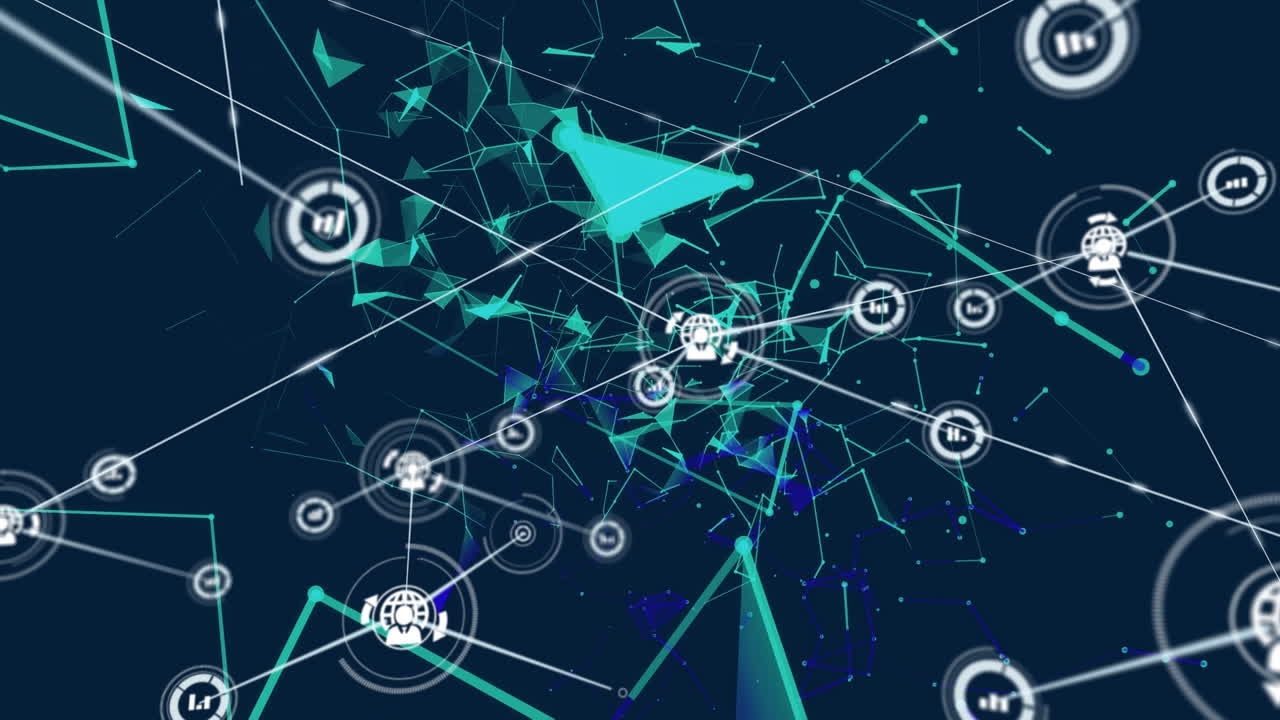 animación de la red de conexiones con iconos y triángulos sobre fondo azul oscuro