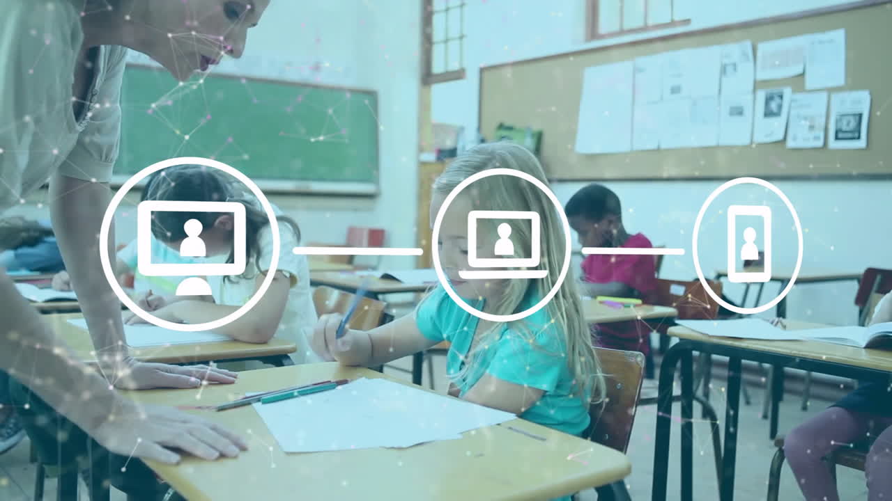 교실에서 다양한 학교 학생과 여성 교사에 대한 아이콘 네트워크의 애니메이션