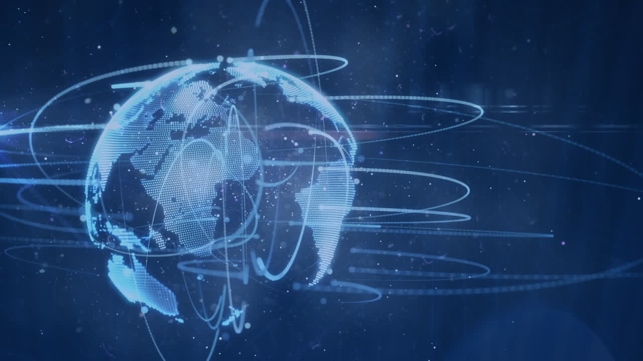 Digital animation of light trails over spinning globe on blue background