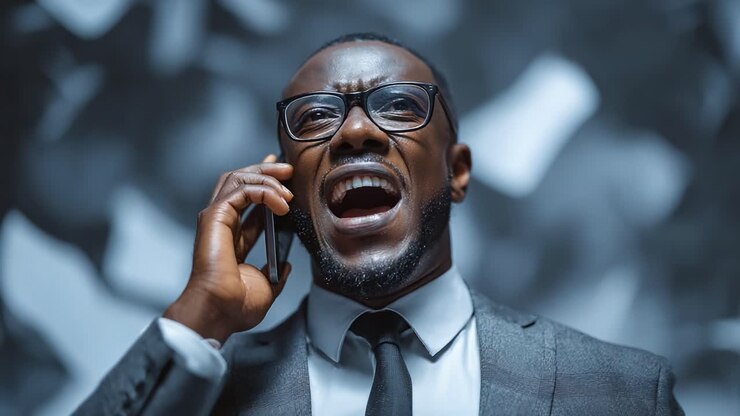 Intense Communication: A Businessman Yelling into a Phone Surrounded by Flying Papers, Capturing Emotion and Disruption in a Professional Setting